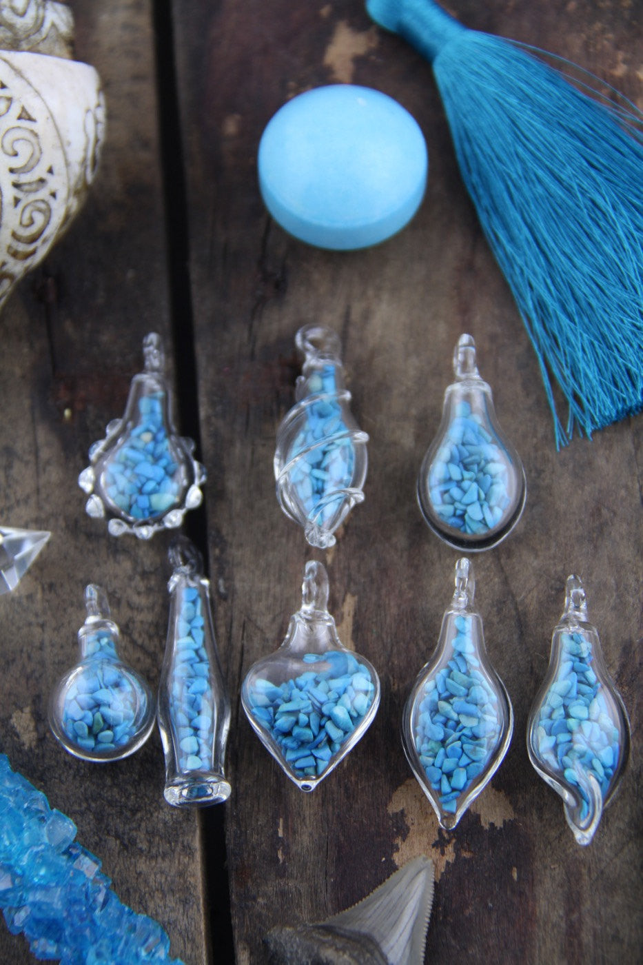 Turquoise Magic: Tiny Glass Bottle Pendant with Turquoise Chips, Choose from 8 Shapes - ShopWomanShopsWorld.com. Bone Beads, Tassels, Pom Poms, African Beads.
