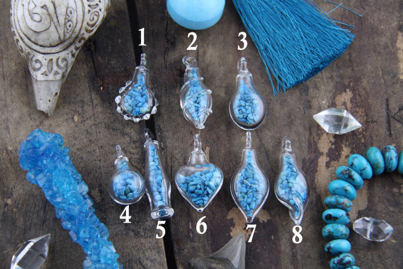 Turquoise Magic: Tiny Glass Bottle Pendant with Turquoise Chips, Choose from 8 Shapes - ShopWomanShopsWorld.com. Bone Beads, Tassels, Pom Poms, African Beads.