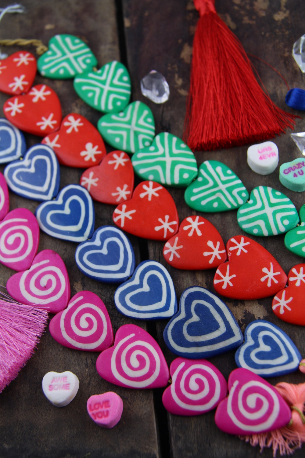 Valentine's Day Bone Beads, Hand Painted, 27x28mm, 8 Beads, Choose from 4 Colors - ShopWomanShopsWorld.com. Bone Beads, Tassels, Pom Poms, African Beads.