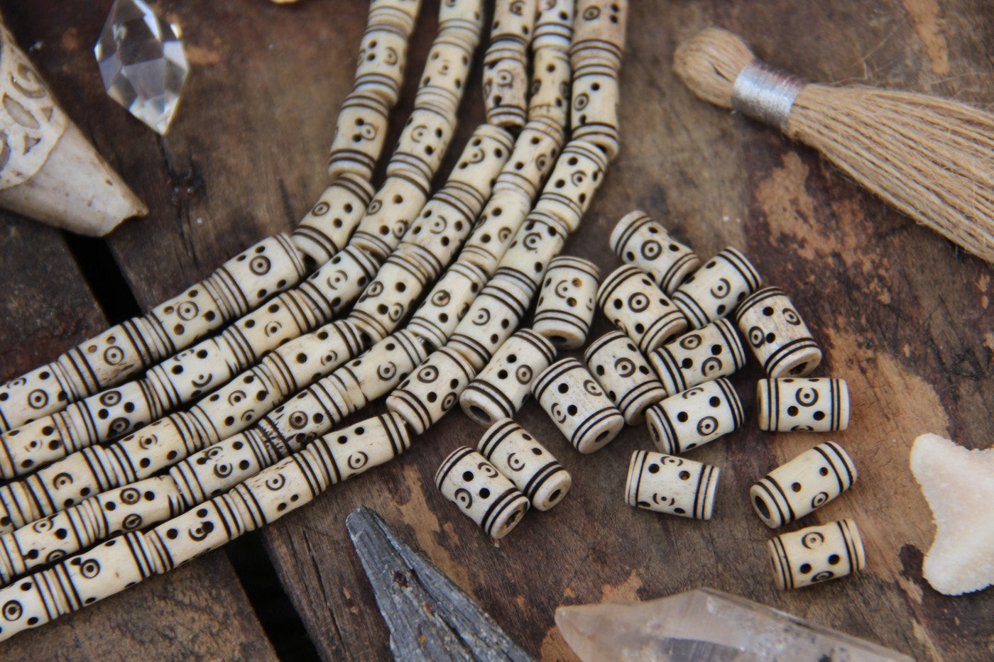 Cream Tribal Tube Bone Beads : Handmade Large Hole Barrels, 6x14mm, Natural Craft Tribal Jewelry Making Supply, Bohemian Beads, 16 pcs - ShopWomanShopsWorld.com. Bone Beads, Tassels, Pom Poms, African Beads.