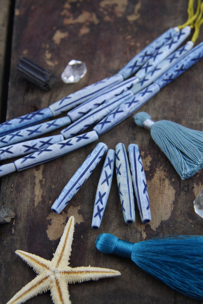Airy Denim Blue Tribal Tube: 2" Bone Beads, 8x50mm, 4 Pcs - ShopWomanShopsWorld.com. Bone Beads, Tassels, Pom Poms, African Beads.