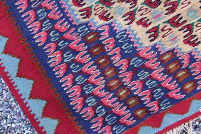 Vintage Persian Kilim Area Rug, Senneh Design, Hand Woven, 3" x 3'2", Excellent Condition, Wool, Boho, Tribal, Global Home Decor - ShopWomanShopsWorld.com. Bone Beads, Tassels, Pom Poms, African Beads.