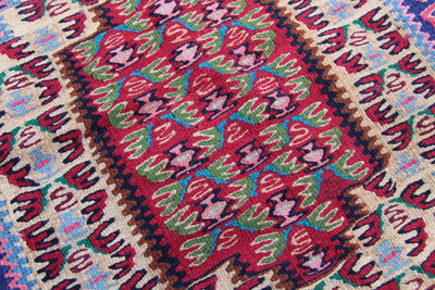 Vintage Persian Kilim Area Rug, Senneh Design, Hand Woven, 3" x 3'2", Excellent Condition, Wool, Boho, Tribal, Global Home Decor - ShopWomanShopsWorld.com. Bone Beads, Tassels, Pom Poms, African Beads.