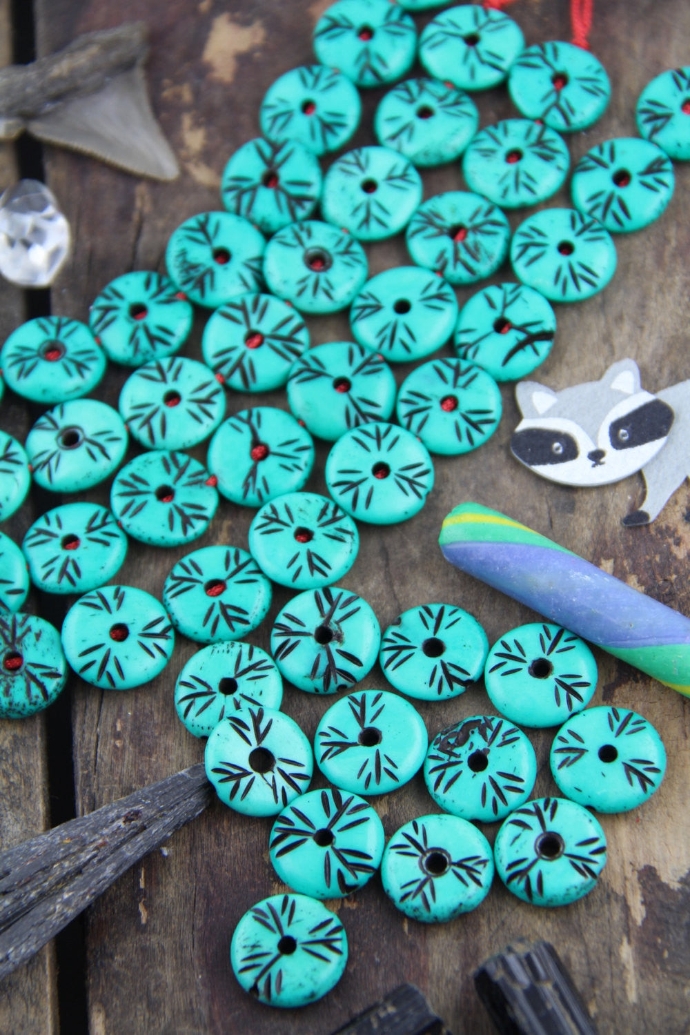 Minty Green Tribal Donuts: Handmade Painted Carved Donut Beads, 5x16mm, 12 pcs - ShopWomanShopsWorld.com. Bone Beads, Tassels, Pom Poms, African Beads.