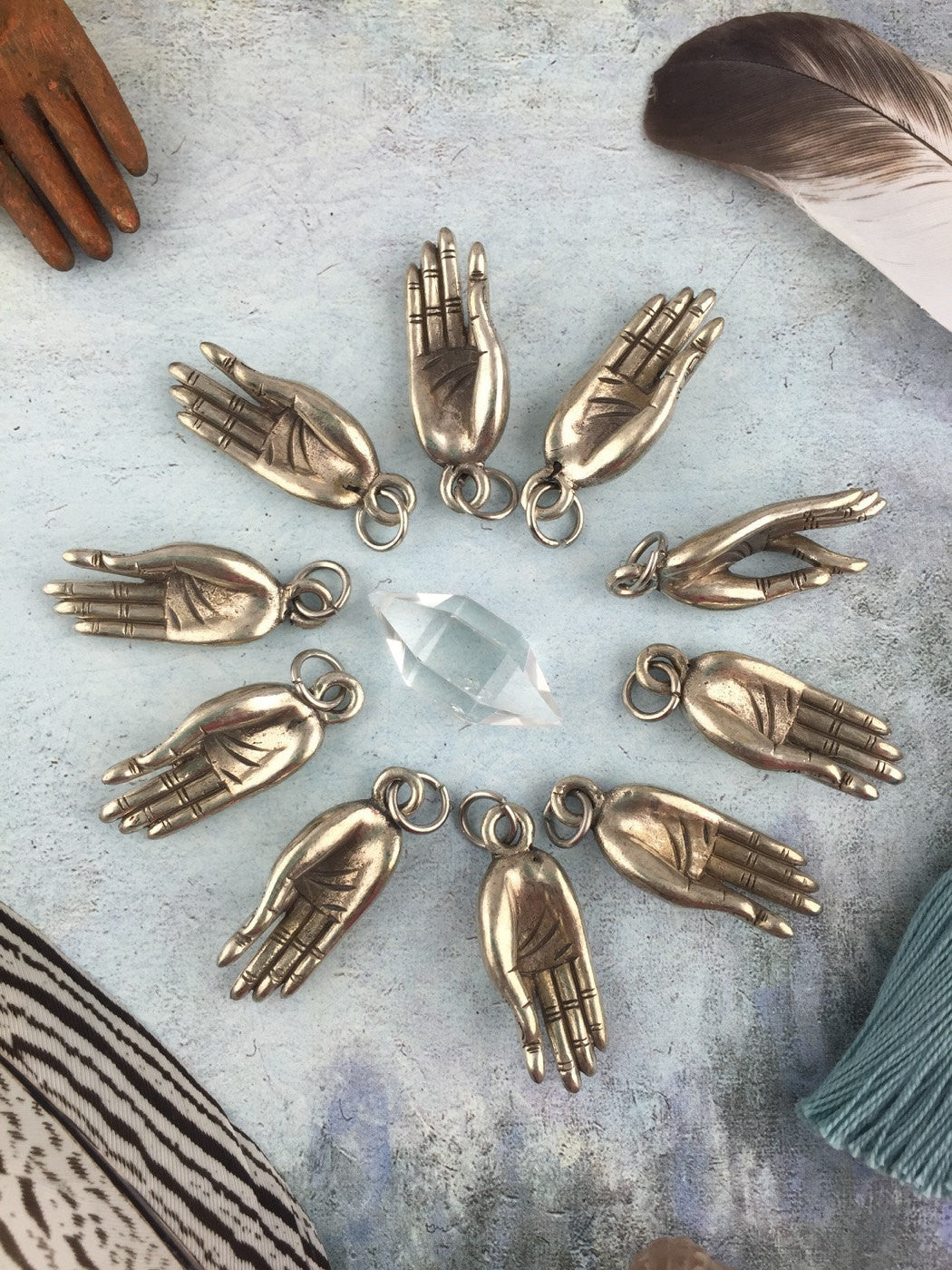 Gyan Mudra White Brass Pendant, 1 Himalayan Silver Hand Pendant, Buddhist, Yoga, Meditation, Spiritual Jewelry Making Supplies, 1 Pendant - ShopWomanShopsWorld.com. Bone Beads, Tassels, Pom Poms, African Beads.