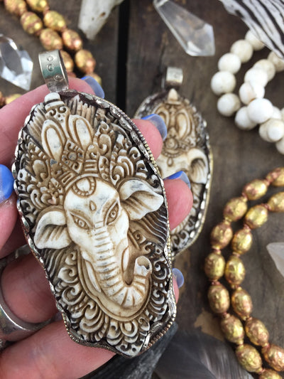 Ganesha in Bone, Silver Bezel Set, Refief Carved Pendant, Boho, Zen, Spiritual, Yoga Inspired Jewelry Making, Fashion, 3", 1 pc - ShopWomanShopsWorld.com. Bone Beads, Tassels, Pom Poms, African Beads.
