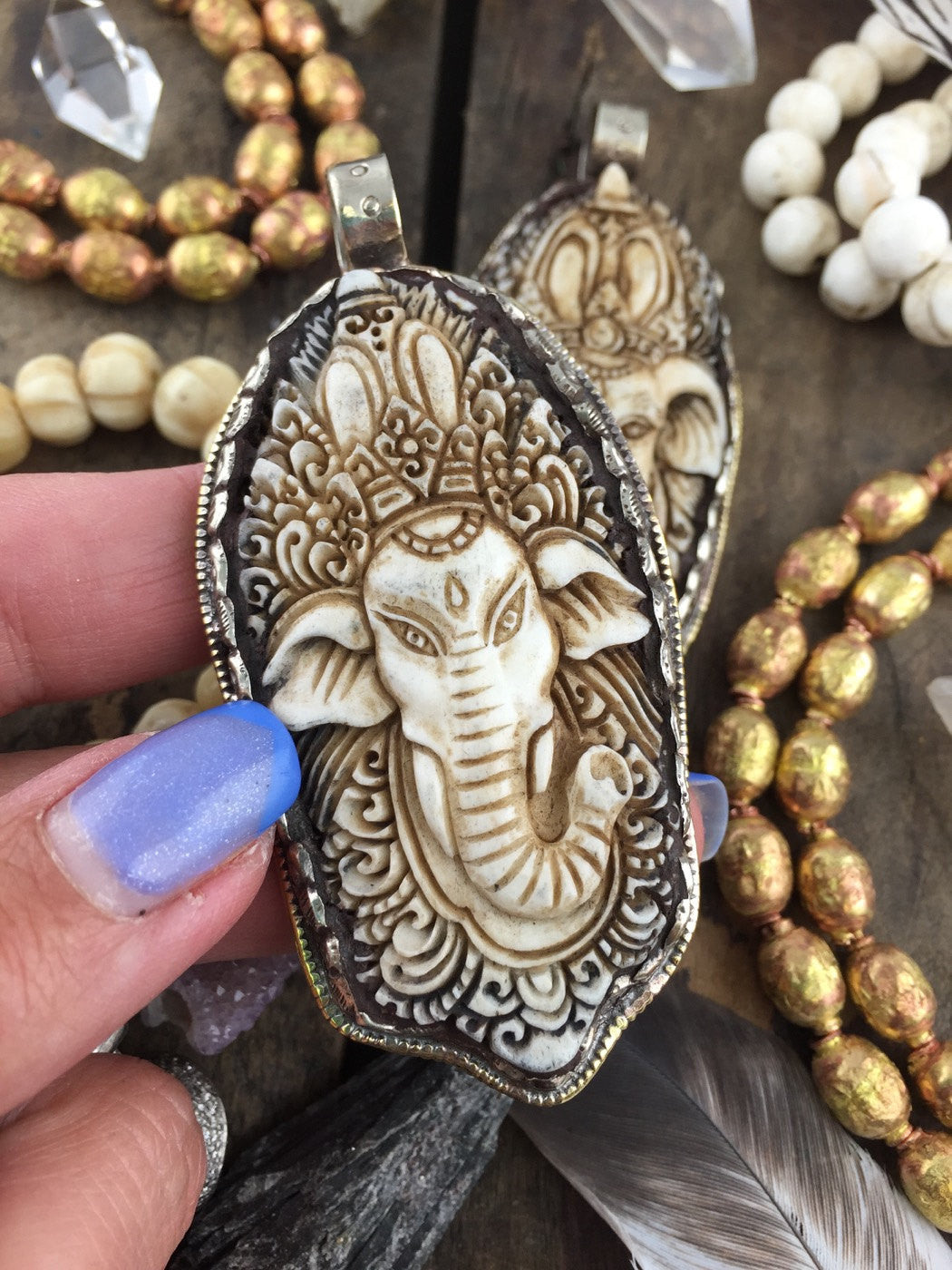 Ganesha in Bone, Silver Bezel Set, Refief Carved Pendant, Boho, Zen, Spiritual, Yoga Inspired Jewelry Making, Fashion, 3", 1 pc - ShopWomanShopsWorld.com. Bone Beads, Tassels, Pom Poms, African Beads.
