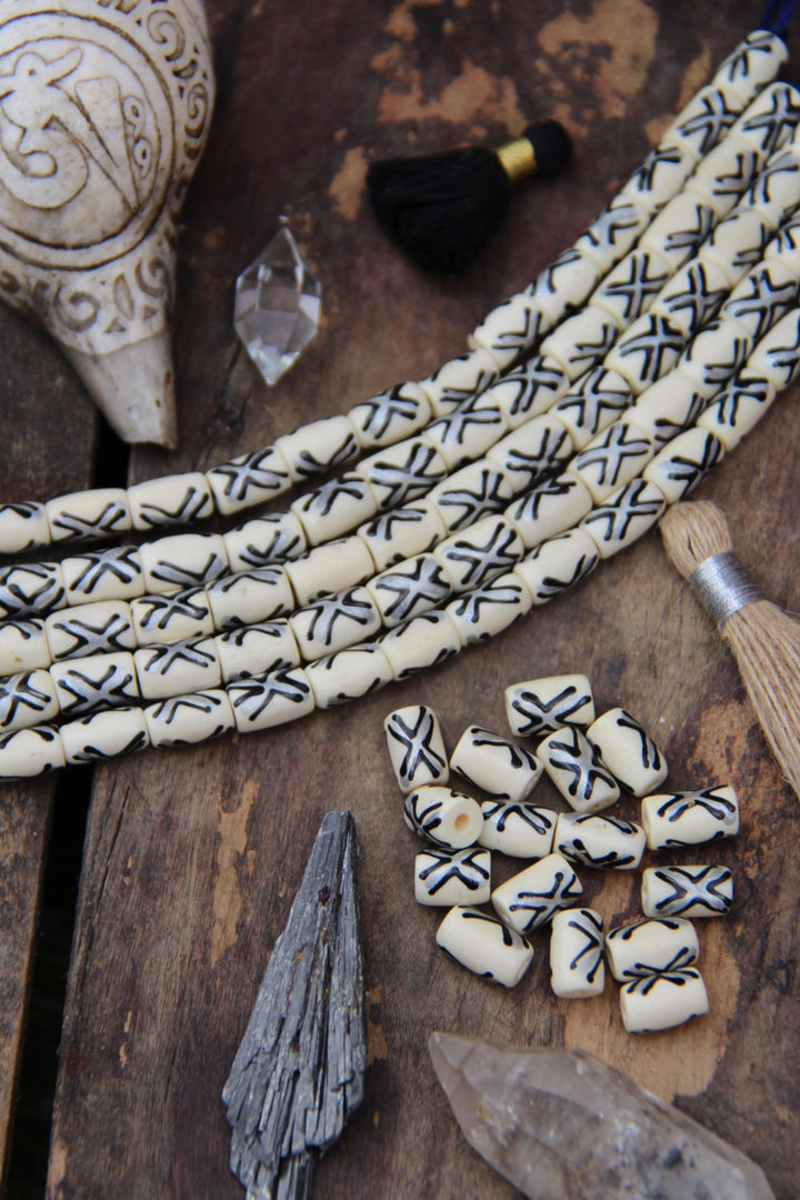 Silver X: Hand Painted Bone Beads, 8x12mm, 16 pieces