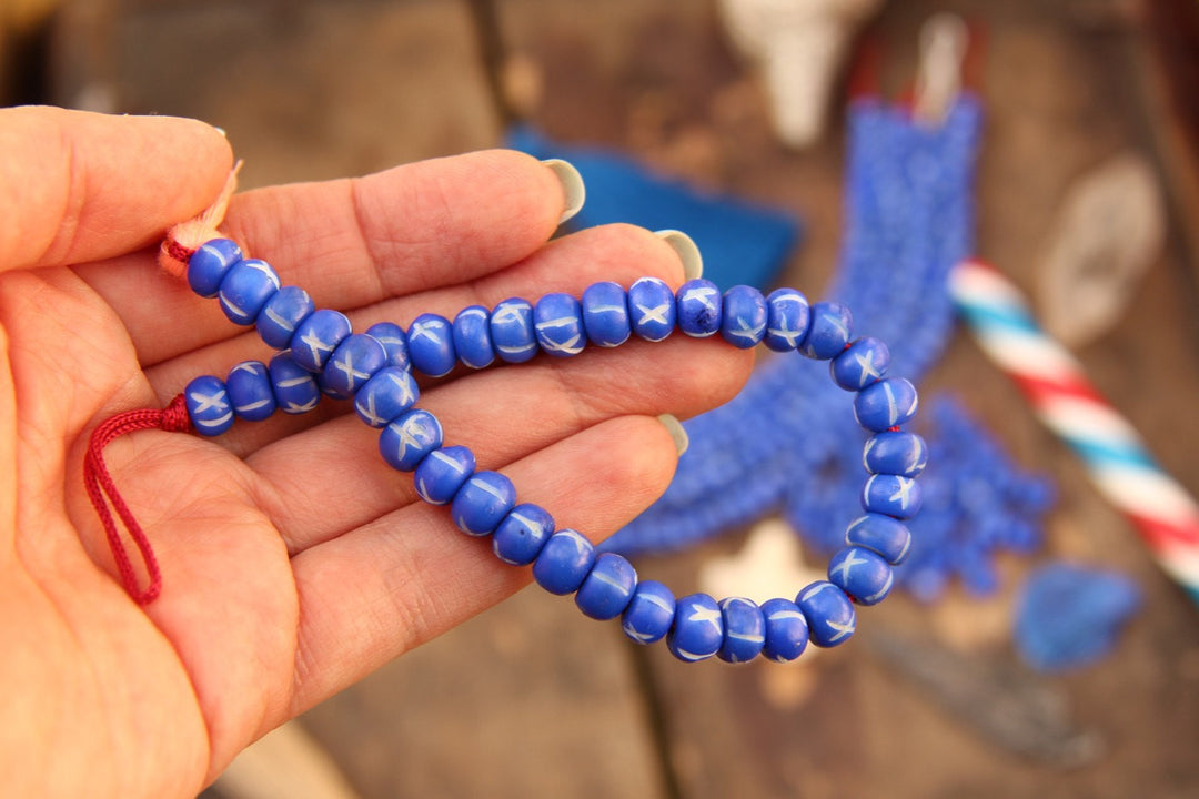 Cobalt X: Hand Carved Bone Beads, 8x6mm, 36 pieces