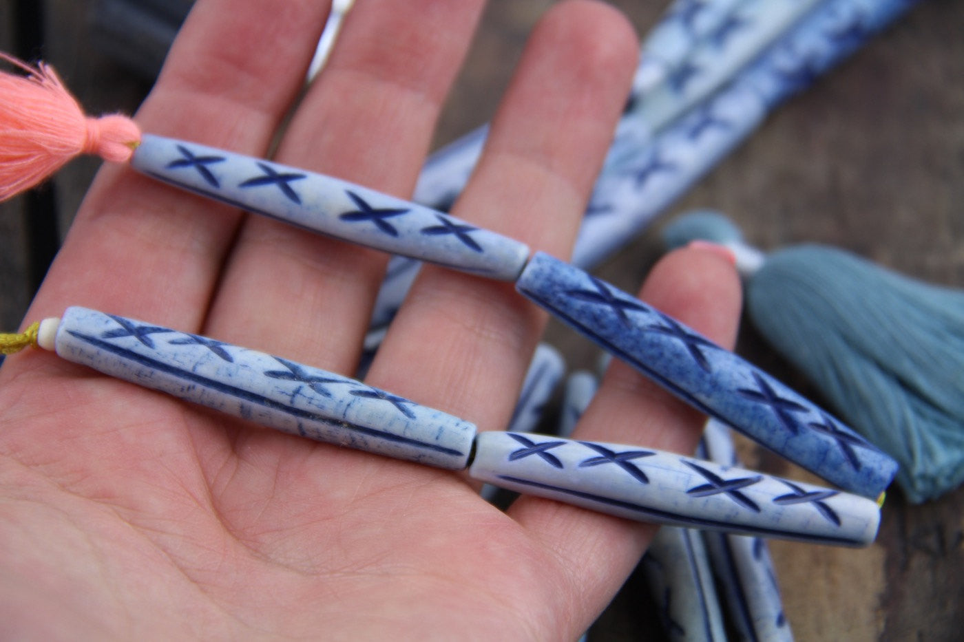 Airy Denim Blue Tribal Tube: 2" Bone Beads, 8x50mm, 4 Pcs - ShopWomanShopsWorld.com. Bone Beads, Tassels, Pom Poms, African Beads.
