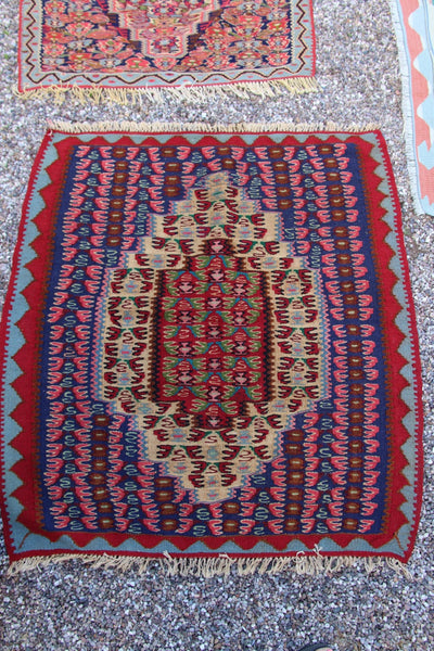 Vintage Persian Kilim Area Rug, Senneh Design, Hand Woven, 3" x 3'2", Excellent Condition, Wool, Boho, Tribal, Global Home Decor - ShopWomanShopsWorld.com. Bone Beads, Tassels, Pom Poms, African Beads.