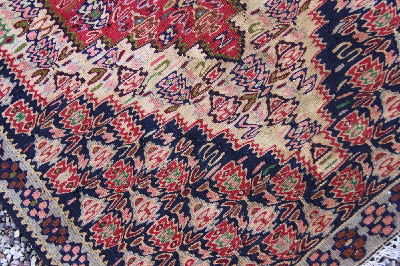 Vintage Persian Kilim Area Rug, Senneh Design, Hand Woven, 2'6" x 3'4", Excellent Condition, Wool, Boho, Tribal, Global Home Decor - ShopWomanShopsWorld.com. Bone Beads, Tassels, Pom Poms, African Beads.